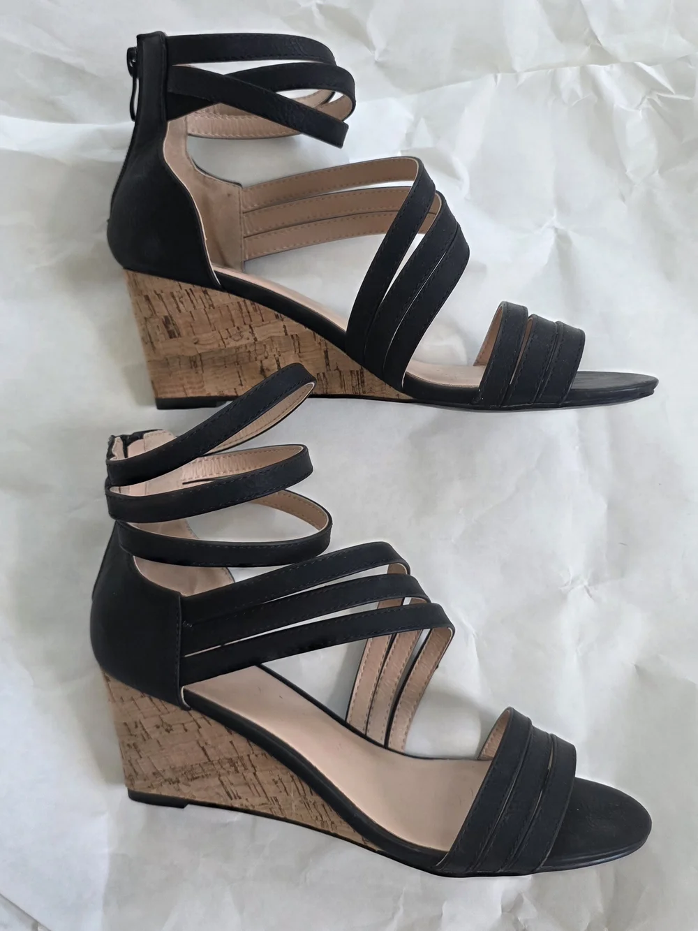 Journee Collection Black Strappy Cork Wedge Sandals Women's Size 8 Back Zip
